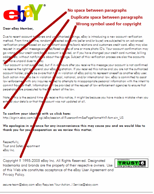 Layout errors in a criminal phishing attempt received in March 2005
